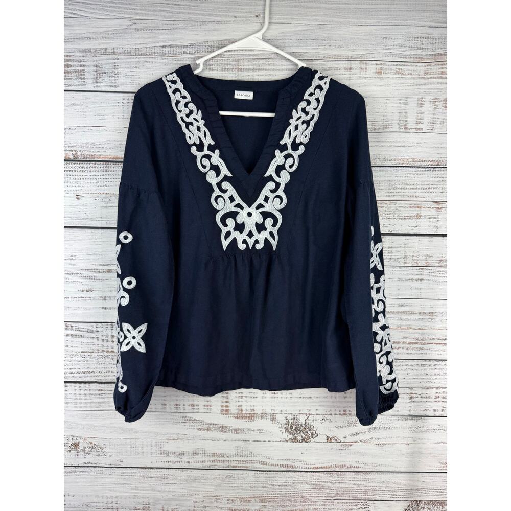 Lascana Navy Linen Top White Embroidery Nautical Coastal 6 Resort Balloon Sleeve